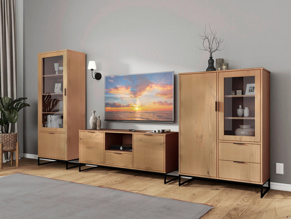 VITRINE in massiv Kiefer Eichefarben  - Eichefarben/Schwarz, Design, Holz/Metall (70/190/45cm) - Livetastic