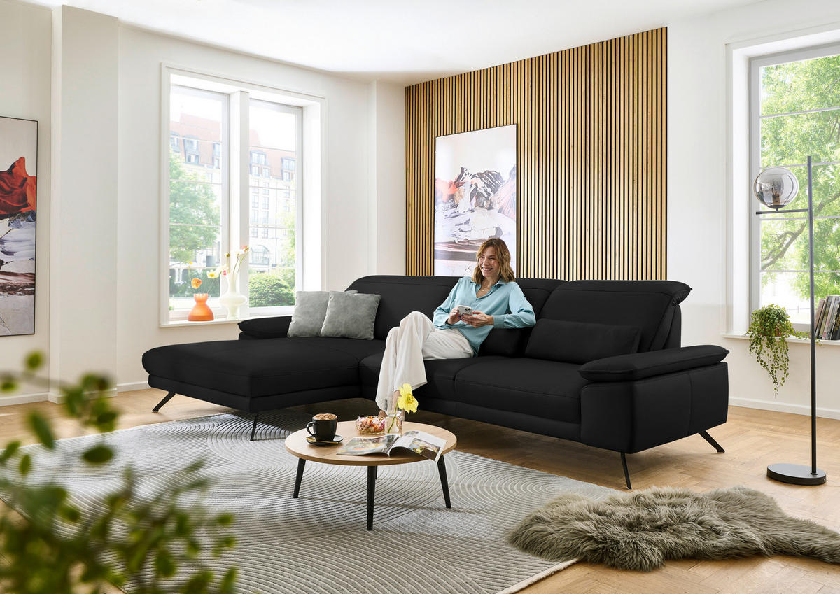 ECKSOFA in Echtleder Schwarz  - Schwarz, Design, Leder/Metall (193/332cm) - Dieter Knoll