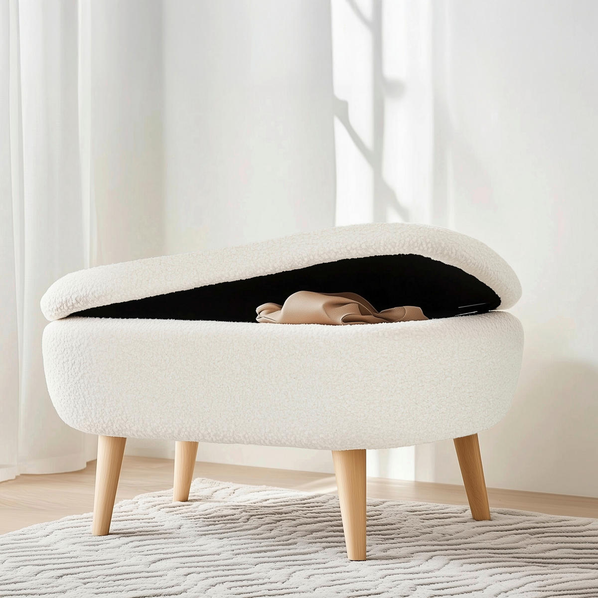 HOCKER Bouclé Weiß  - Eichefarben/Weiß, MODERN, Holzwerkstoff/Textil (82/43/47cm) - MID.YOU