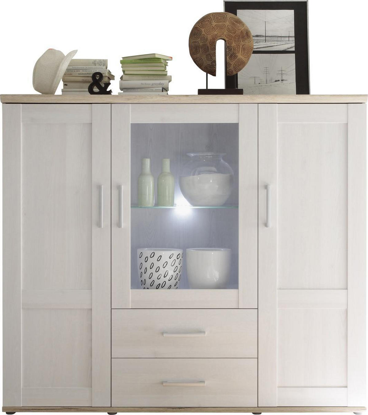KOMODA VISOKA   156/137/46 cm   bijela, boje ariša  - boje ariša/bijela, Konvencionalno, staklo/drvni materijal (156/137/46cm) - Xora