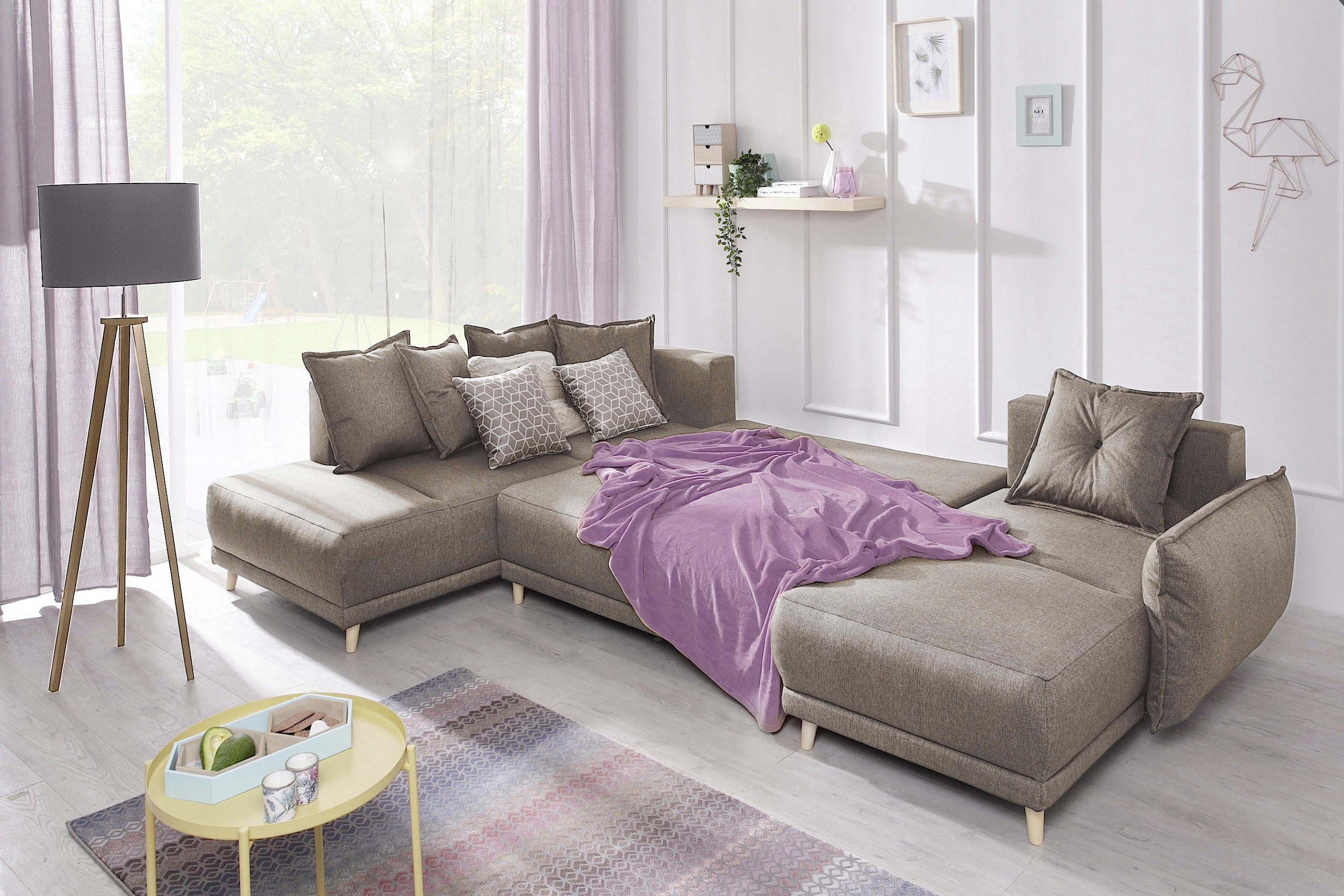 WOHNLANDSCHAFT Hellbraun Webstoff - Hellbraun/Kieferfarben, Basics, Holz/Textil (200/312/155cm) - MID.YOU