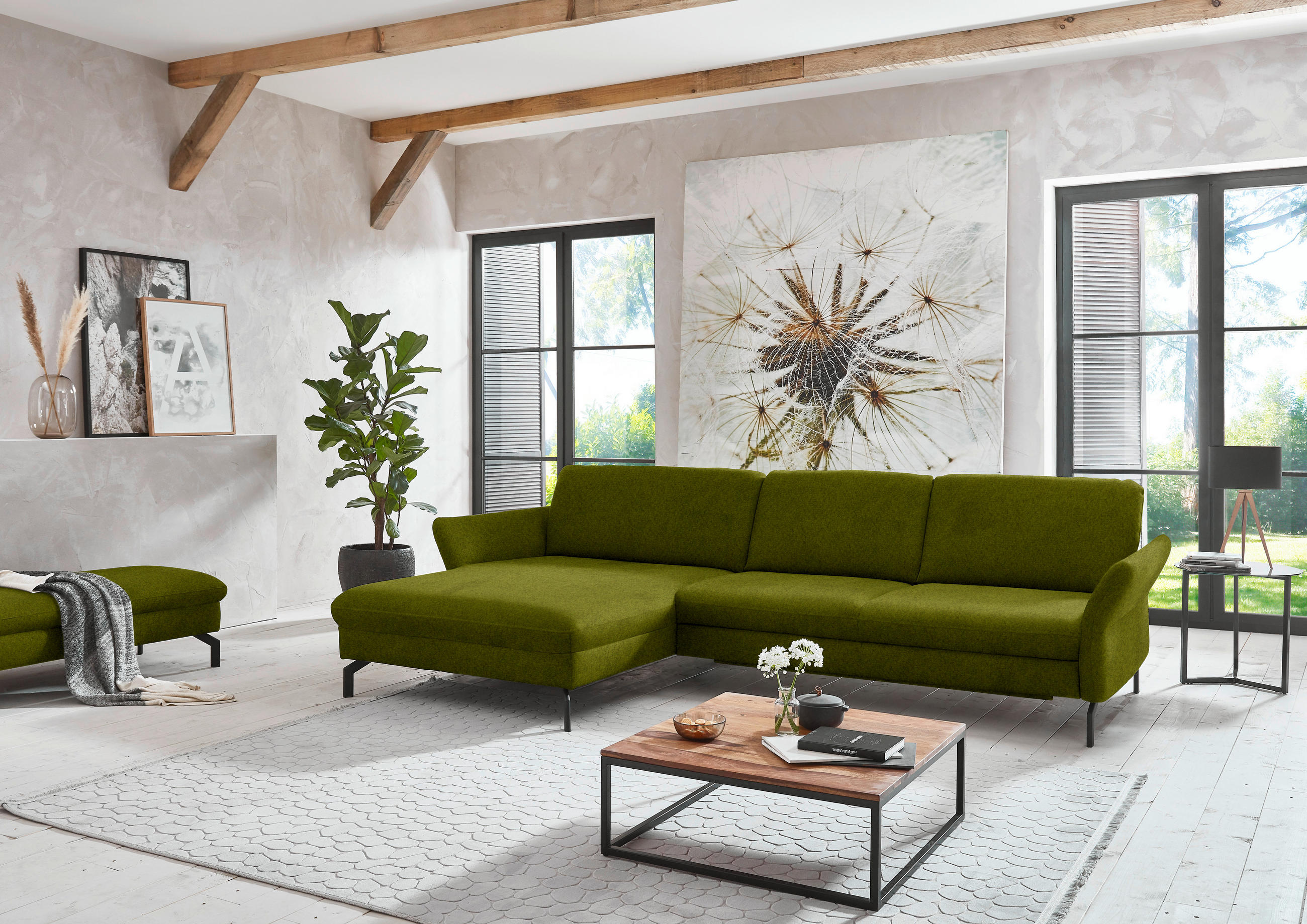 ECKSOFA in Velours Grün  179/306 cm  - Schwarz/Grün, Design, Textil/Metall (179/306cm) - Beldomo System