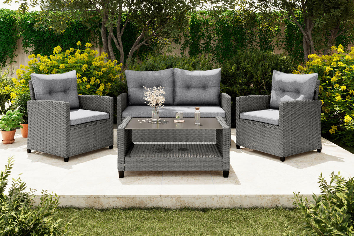 TERASOVÁ SEDACÍ SOUPRAVA kov, plast, sklo, textil - šedá, Design, kov/textil (125/76/68cm) - Ambia Garden