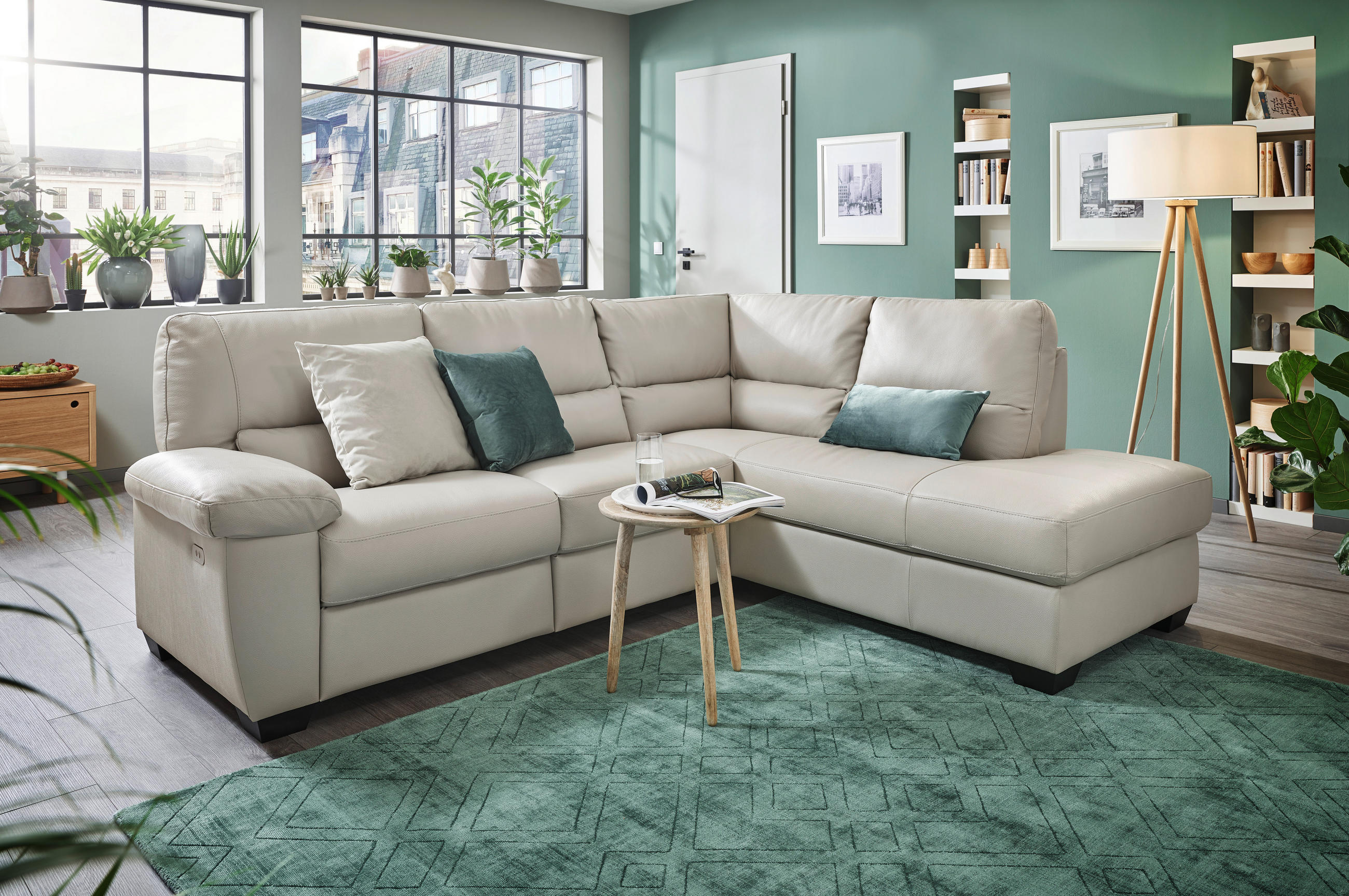 ECKSOFA Greige Kombination Echtleder/Lederlook  - Greige, KONVENTIONELL, Leder/Kunststoff (248/201cm) - Livetastic
