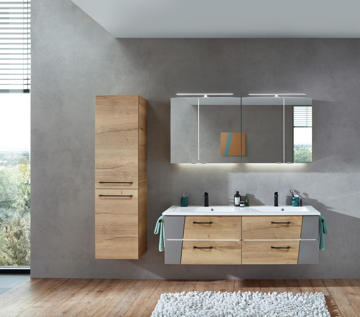 WASCHTISCHKOMBI 153 cm  - Eichefarben/Blaugrau, KONVENTIONELL, Holzwerkstoff/Stein (153cm) - Sadena