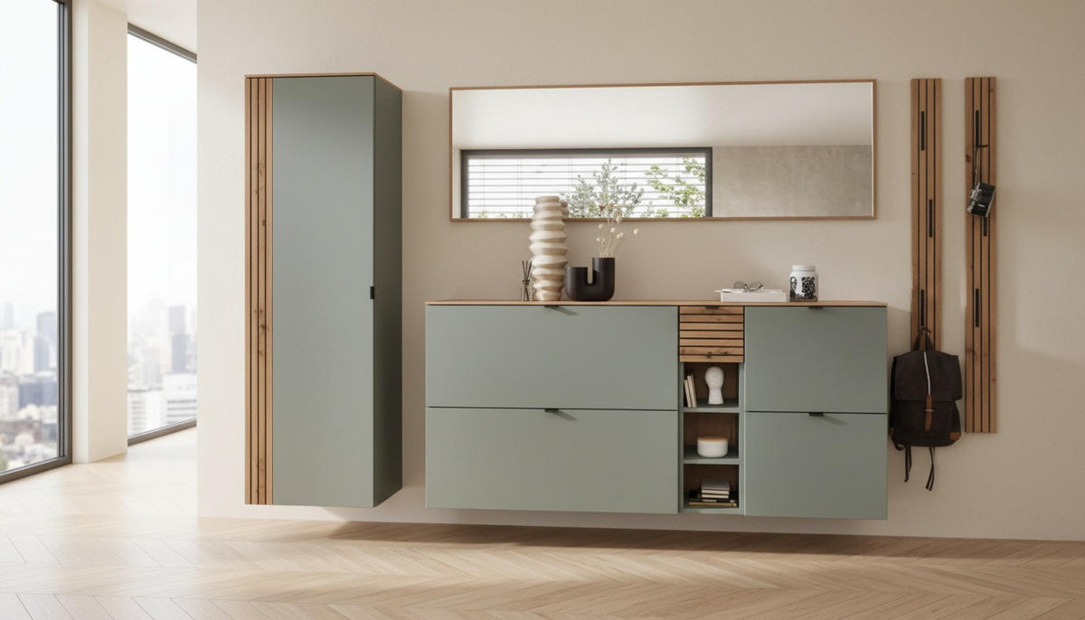 GARDEROBE 7-teilig  in 305/179/37 cm  - Salbeigrün/Eiche Artisan, Design, Holzwerkstoff (305/179/37cm) - Voleo
