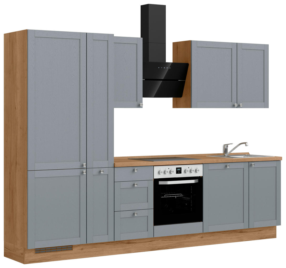 KÜCHENBLOCK Frame 300 cm  in Eichefarben, Blaugrau  - Edelstahlfarben/Eichefarben, MODERN, Holzwerkstoff/Metall (300cm) - Nobilia