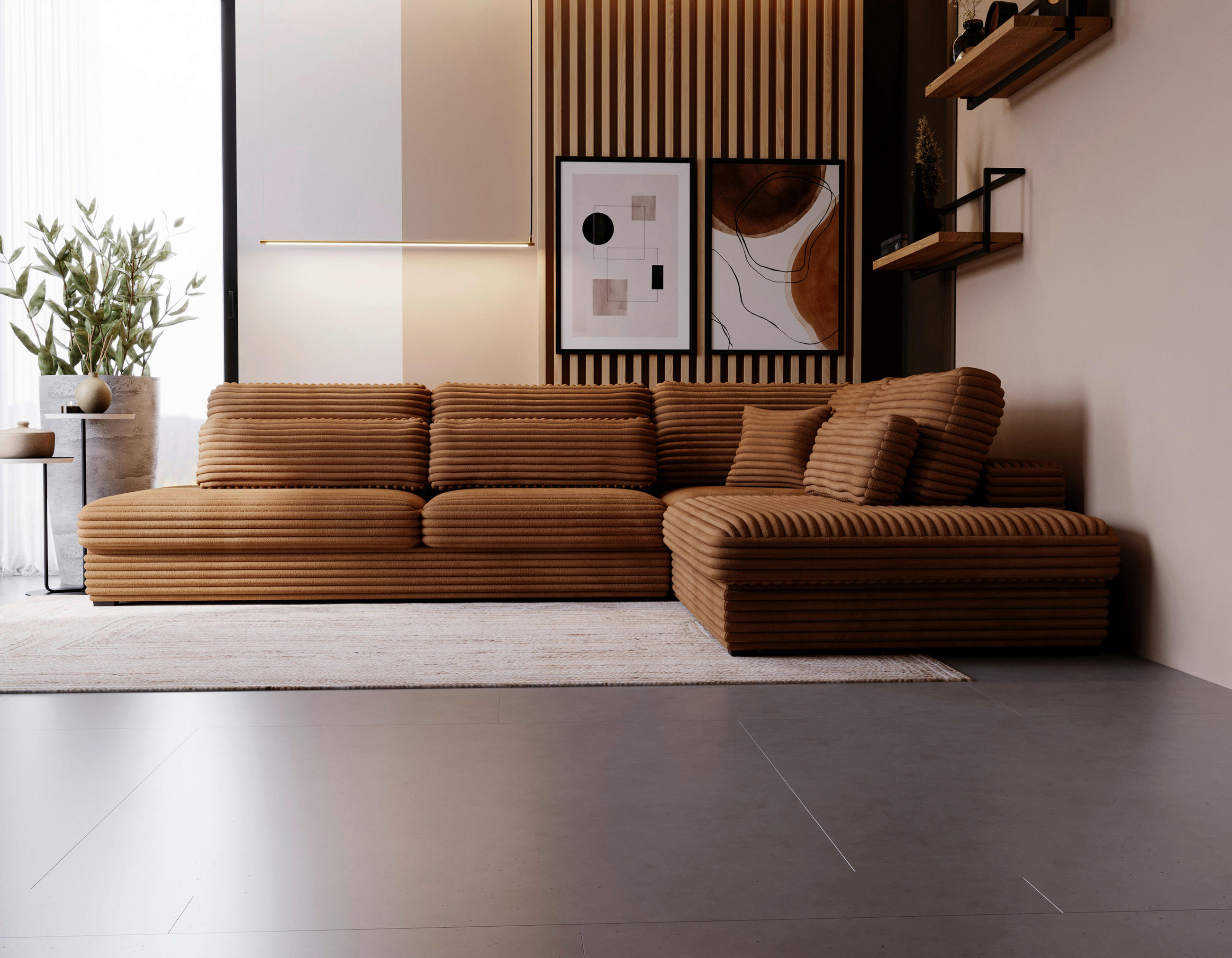 ECKSOFA in Cord, Plüsch Rostfarben  - Rostfarben/Schwarz, Design, Kunststoff/Textil (332/244cm) - Livetastic