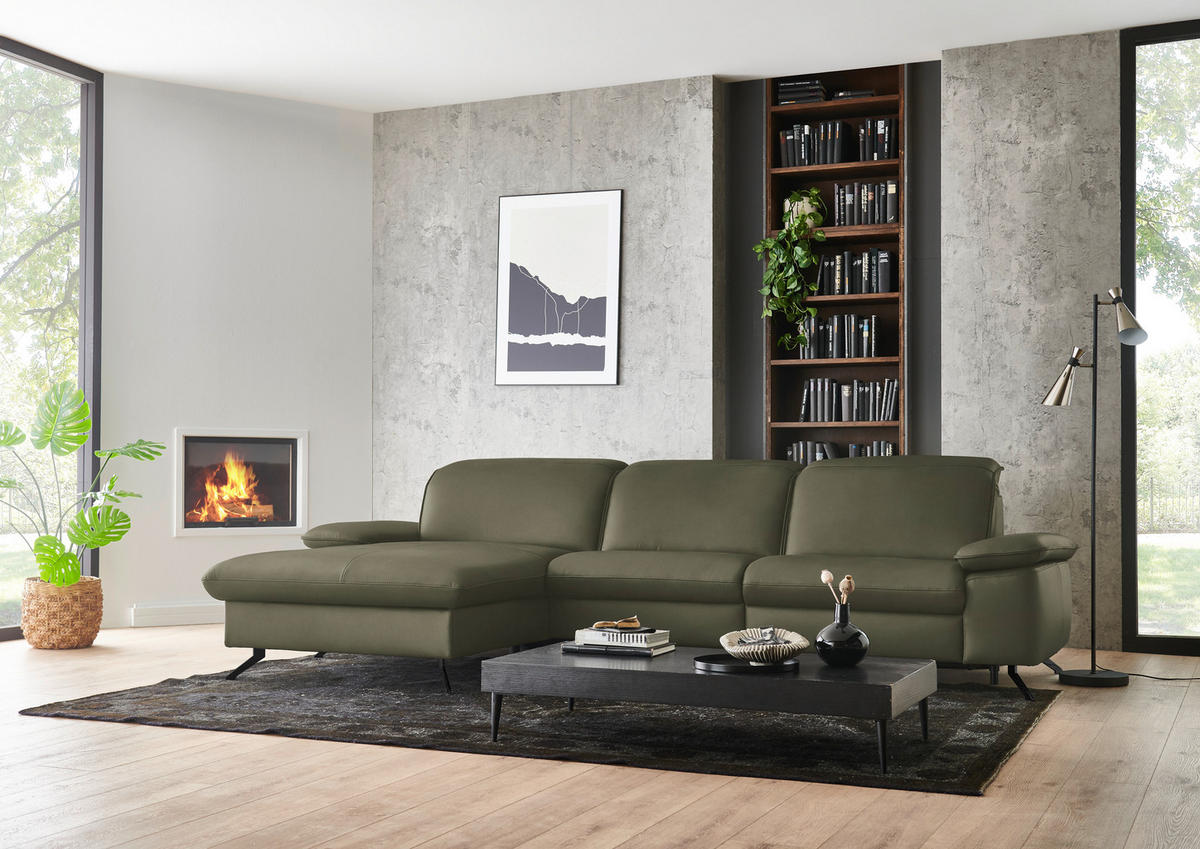 ECKSOFA  Echtleder Graugrün  - Schwarz/Graugrün, Design, Leder/Metall (169/307cm) - Beldomo Premium