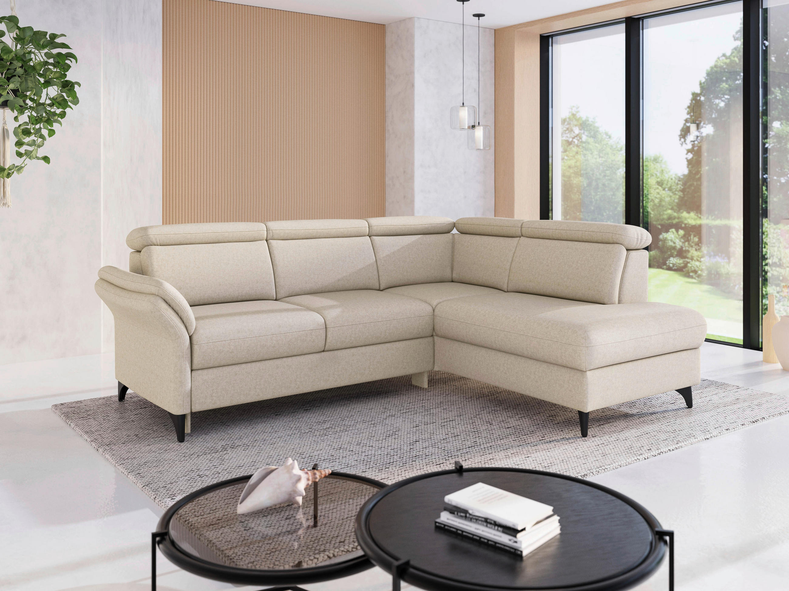 ECKSOFA GLENDALE E in Flachgewebe Creme  247/193 cm  - Creme/Schwarz, KONVENTIONELL, Textil/Metall (247/193cm) - Sit & More