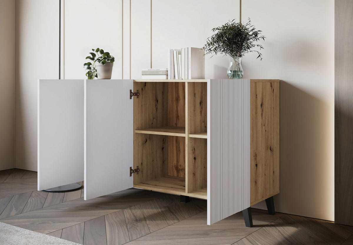KOMODA, bela, hrast artisan  - črna/bela, Trend, leseni material (120/76/39cm) - Livetastic