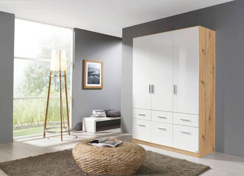 DREHTÜRENSCHRANK 136/210/54 cm 3-türig Eiche Artisan, Weiß Hochglanz  - Chromfarben/Weiß Hochglanz, MODERN, Holzwerkstoff/Kunststoff (136/210/54cm) - Rauch Möbel