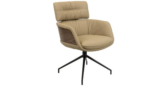 ARMLEHNSTUHL , Wippfunktion, Sitzfläche 360° drehbar, automatische Rückholfunktion , Echtleder  - Taupe/Walnussfarben, Design, Leder/Holz (62/92/66cm) - Dieter Knoll