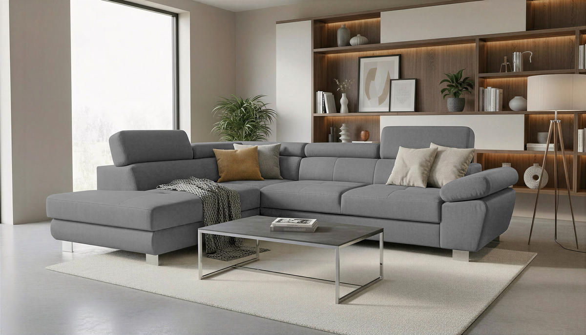 ECKSOFA Grau Webstoff Bettkasten, Schlaffunktion, Rücken echt, Armteilverstellung, Kopfteilverstellung  - Chromfarben/Grau, MODERN, Textil/Metall (205/278cm) - Stylife