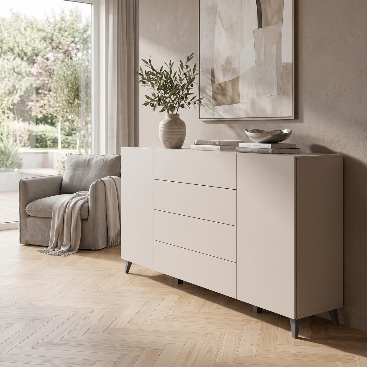 SIDEBOARD  180/95,4/39 cm 4 Schublade(n)  - Kaschmir/Schwarz, Design, Holzwerkstoff/Kunststoff (180/95,4/39cm) - P & B
