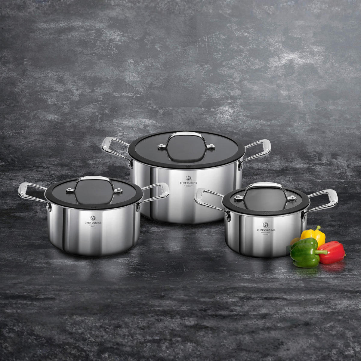 KOCHTOPFSET 3-teilig  - Edelstahlfarben/Schwarz, Basics, Glas/Kunststoff (37/30/23cm) - CHEF CUISINE