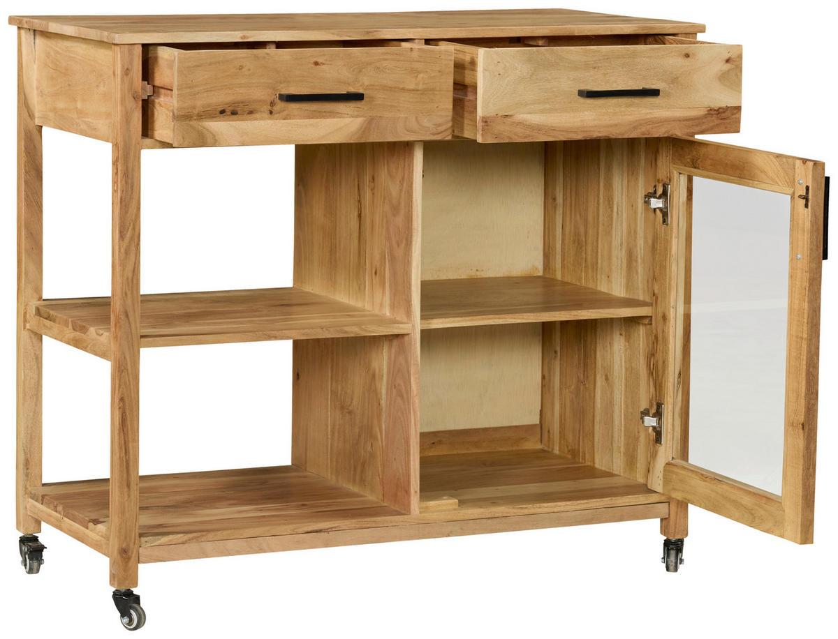SERVIERWAGEN Akazie vollmassiv Akaziefarben  - Schwarz/Akaziefarben, Natur, Glas/Holz (100/90/48cm) - Livetastic