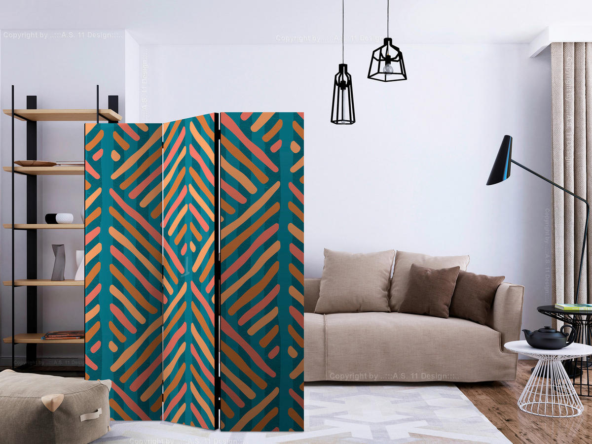 PARAVENT mit 3  Flügel - Dunkelgelb/Mintgrün, Basics, Holz/Textil (135/172/3cm) - artgeist