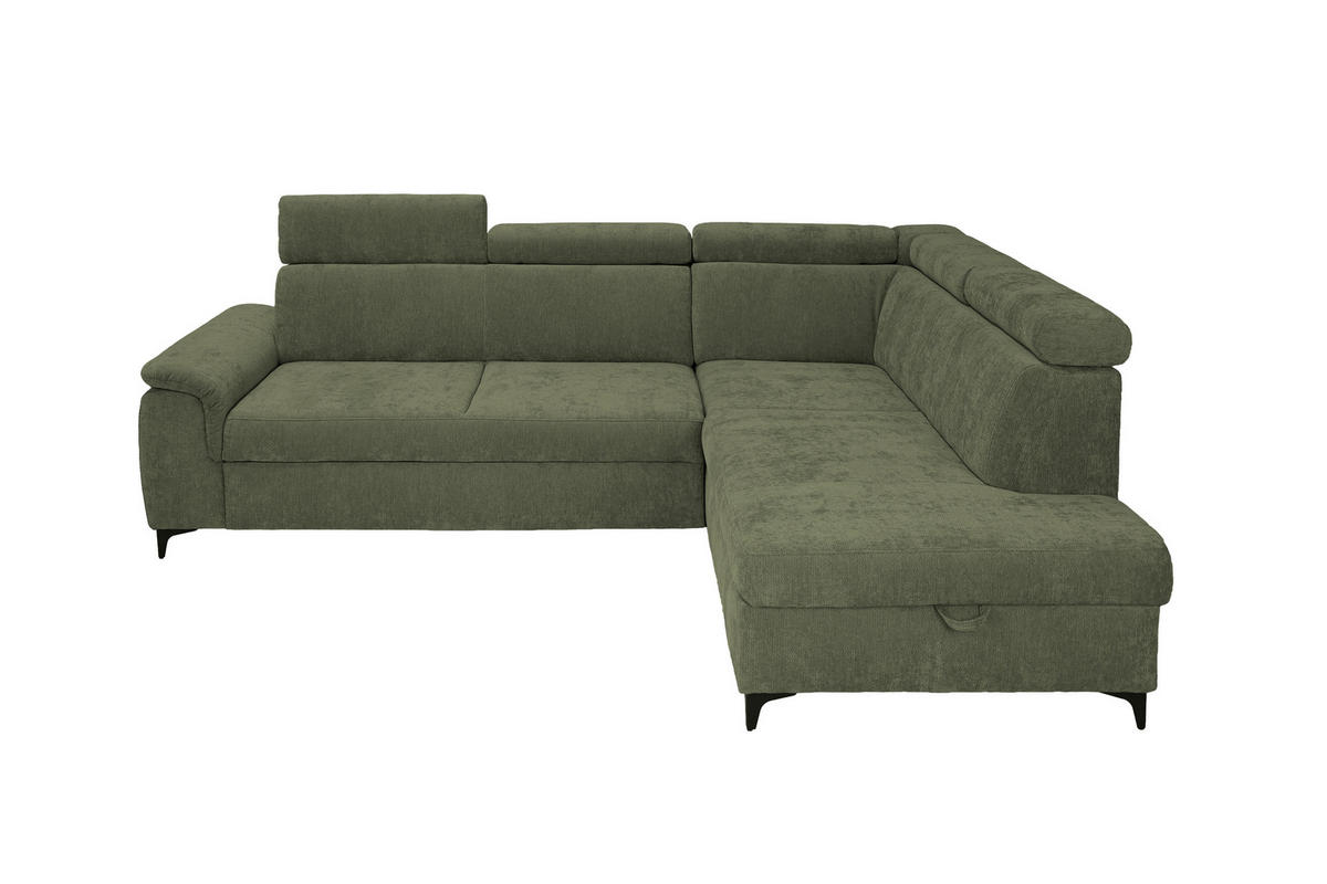 ECKSOFA Dunkelgrün Chenille Bettkasten, Schlaffunktion, Rücken echt, Kopfteilverstellung, Liegefläche im Originalstoff  - Dunkelgrün/Schwarz, KONVENTIONELL, Textil/Metall (265/206cm) - Carryhome