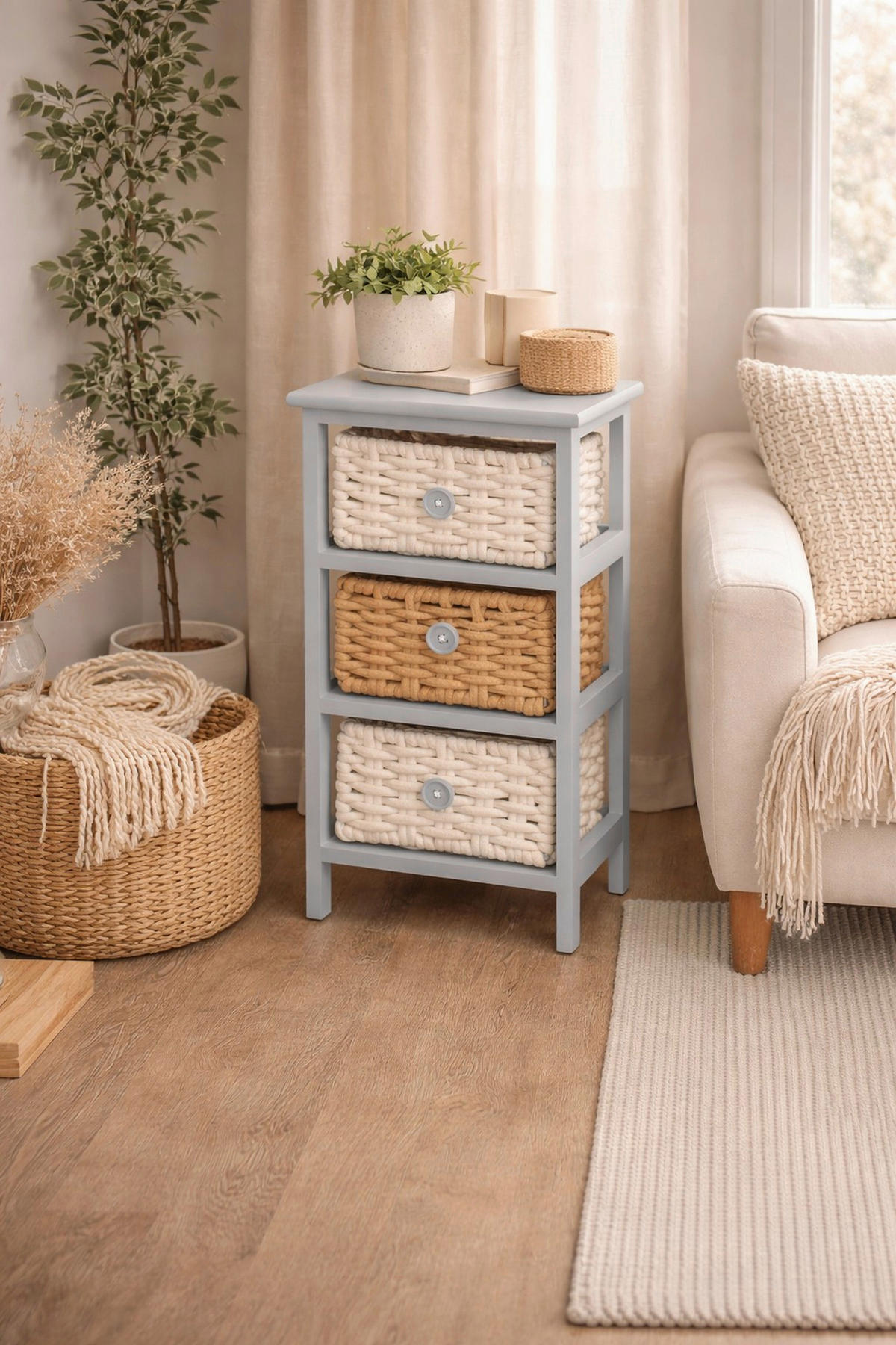 KOMMODE , , 3 Schublade(n)  - Creme/Hellgrau, Design, Holz/Textil (25/30/58cm) - MID.YOU