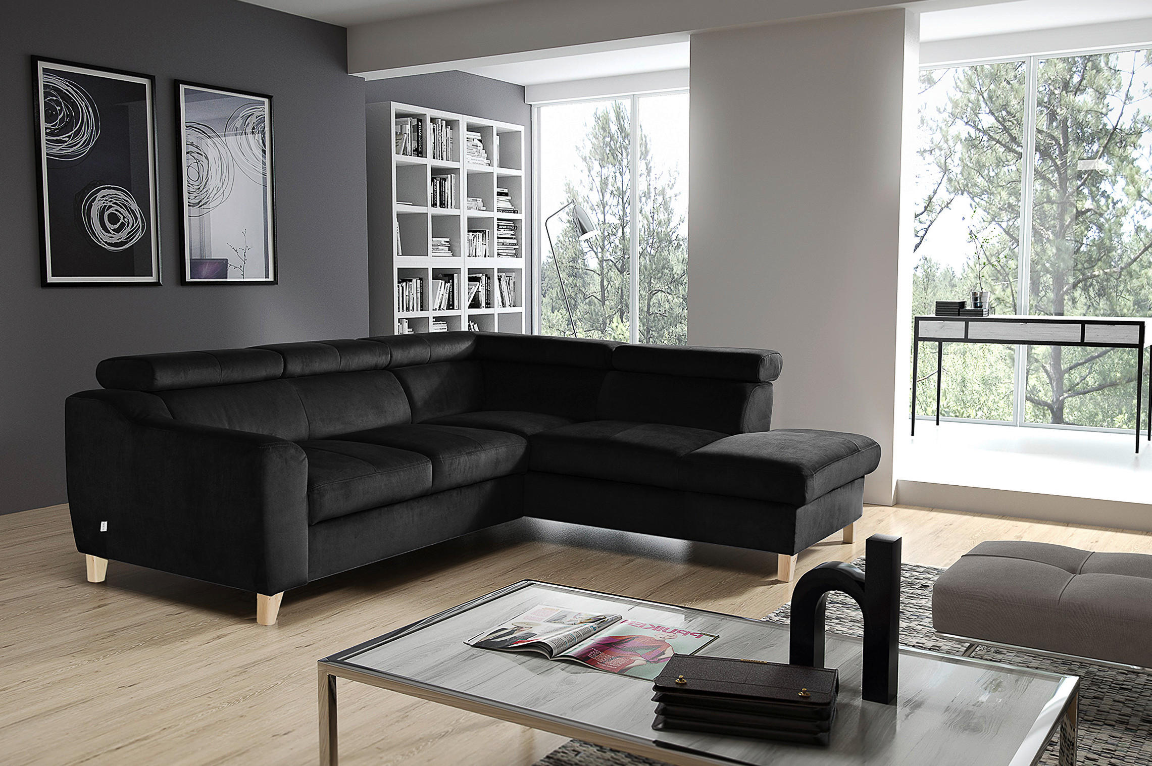 ECKSOFA in Webstoff Schwarz  - Buchefarben/Schwarz, Design, Holz/Textil (245/208cm) - Livetastic