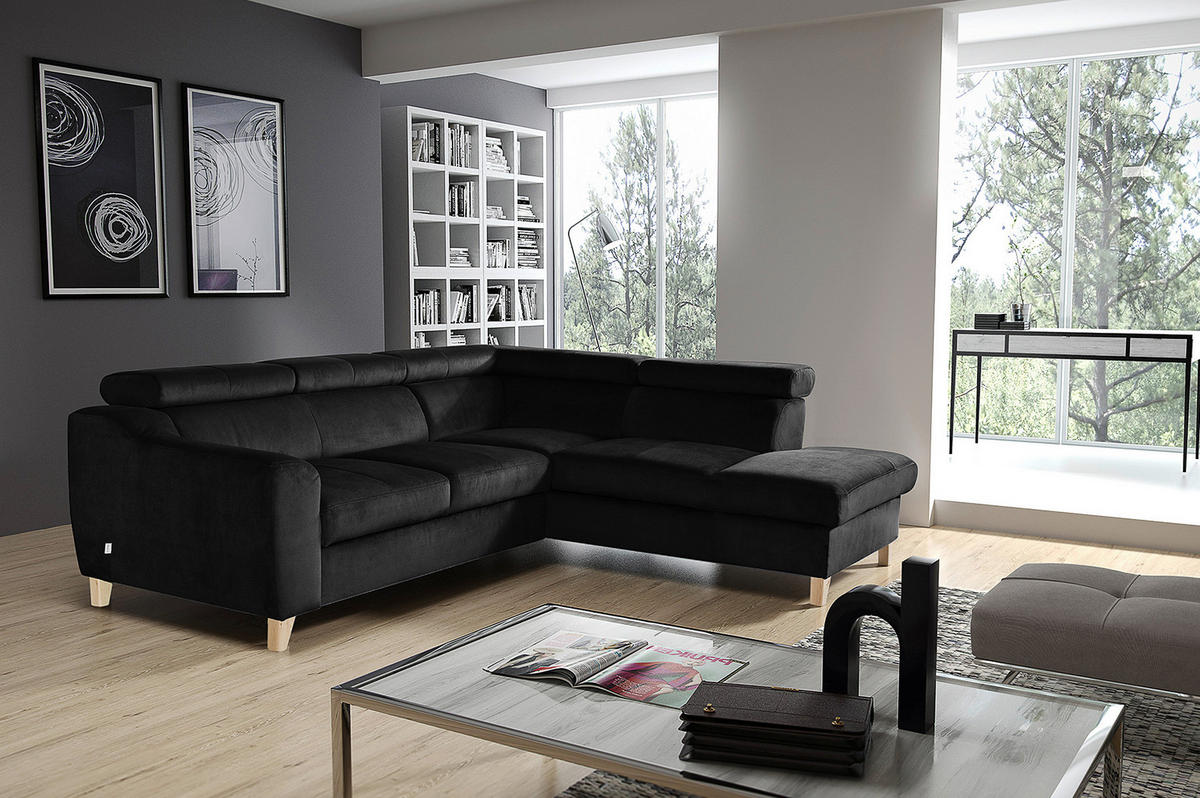 ECKSOFA in Webstoff Schwarz  - Buchefarben/Schwarz, Design, Holz/Textil (245/208cm) - Livetastic