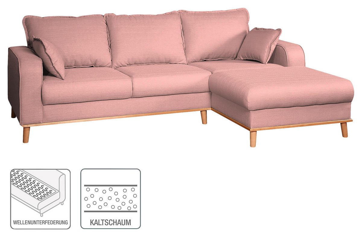 ECKSOFA Mikrofaser Rosa  - Wengefarben/Rosa, Design, Holz/Textil (230/150cm) - Livetastic