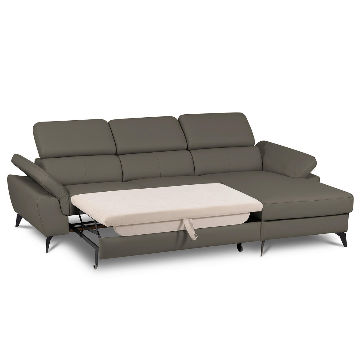 ECKSOFA Schlammfarben Echtleder Lederlook Bettkasten, Schlaffunktion, Rücken echt, Armteilverstellung, Kopfteilverstellung  - Schlammfarben/Schwarz, Design, Leder/Textil (252/179cm) - Livetastic