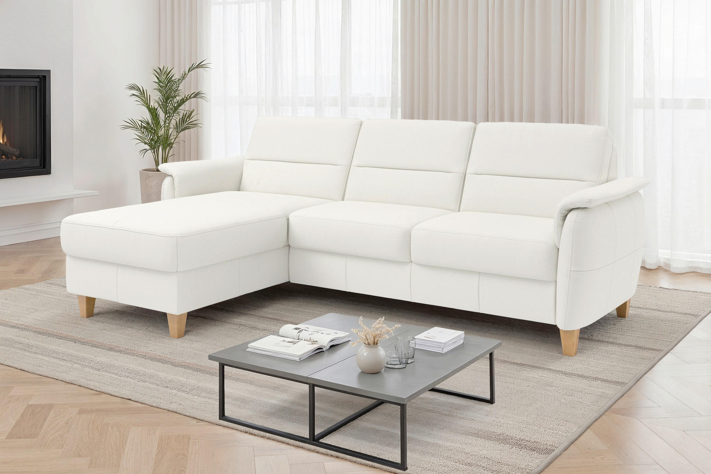 ROHOVÁ SEDAČKA, koža, biela - biela/farba duba, Basics, koža/drevo (163/244cm) - Sit & More