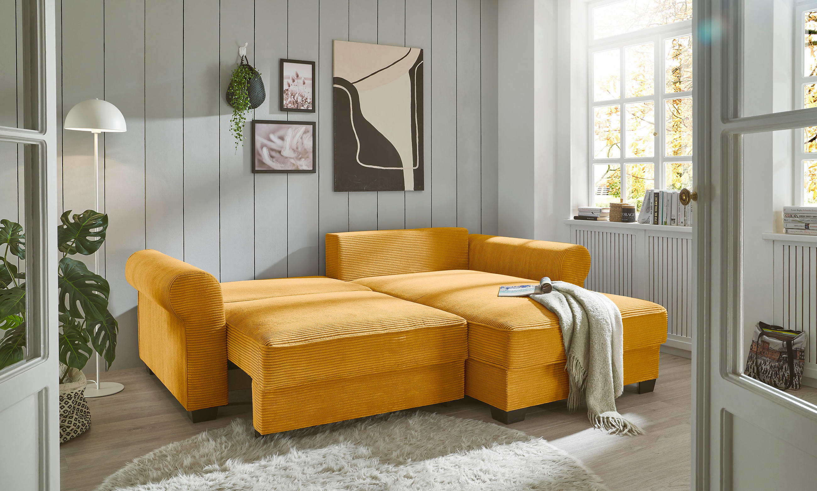 Thumbnail - Hom`in Ecksofa, Gelb, Textil, 2-Sitzer, Füllung: Polyester, Ottomane rechts, seitenverkehrt montierbar, L-Form, 255x185 ...