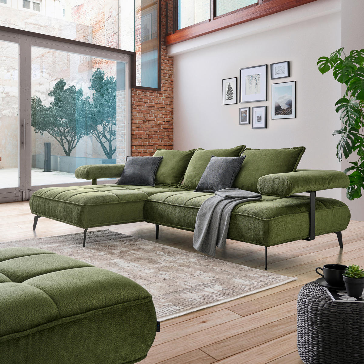 ECKSOFA in Webstoff Olivgrün  180/266 cm  - Schwarz/Olivgrün, Design, Textil/Metall (180/266cm) - Welnova