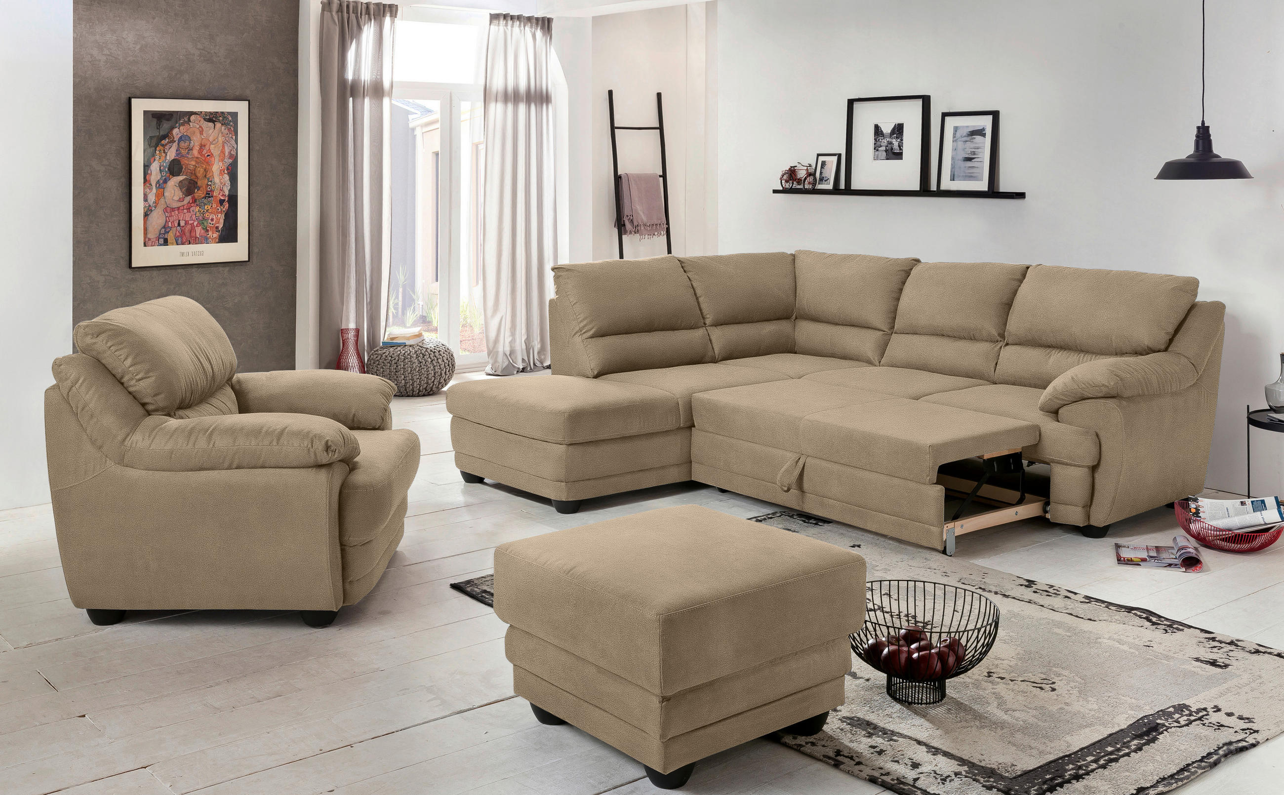 ECKSOFA in Chenille Sandfarben  - Sandfarben/Schwarz, Design, Kunststoff/Textil (225/246cm) - Livetastic