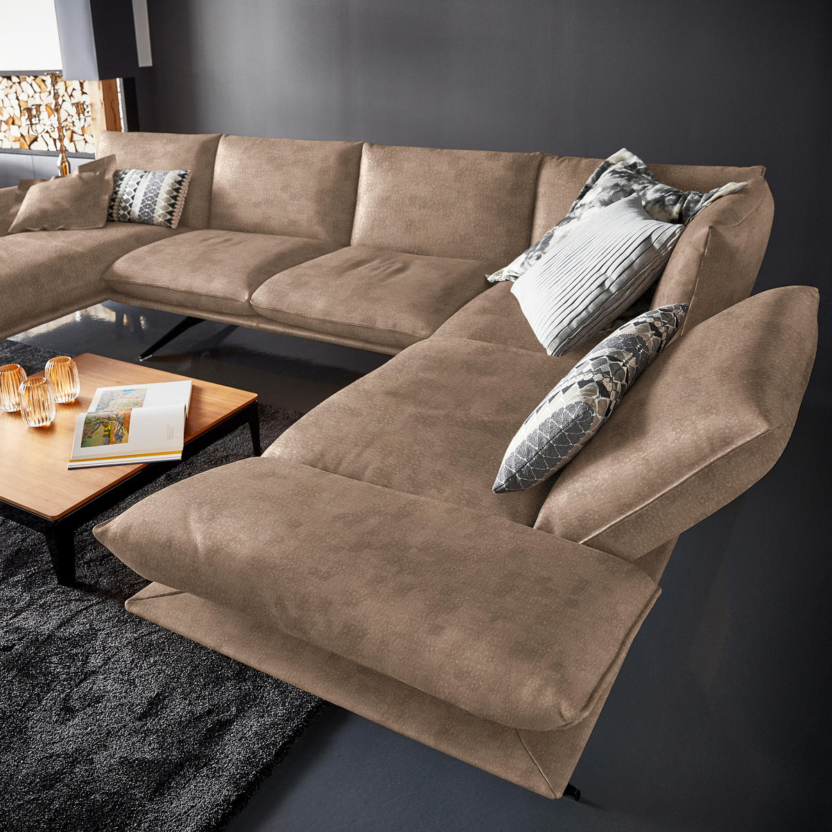 WOHNLANDSCHAFT in Echtleder Greige  - Greige/Schwarz, Natur, Leder/Metall (155/359/217cm) - Dieter Knoll