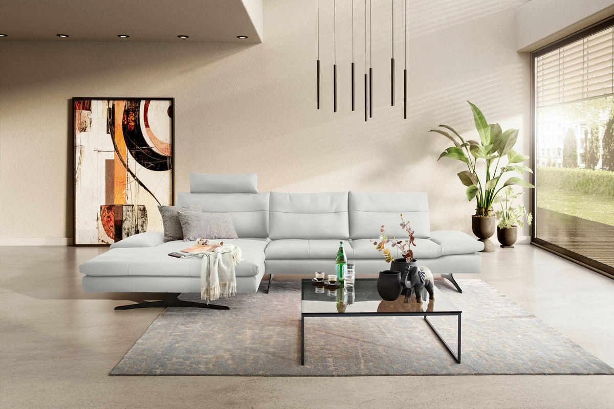 ECKSOFA in Echtleder Creme  - Creme/Schwarz, Modern, Leder/Metall (158/342cm) - Chilliano
