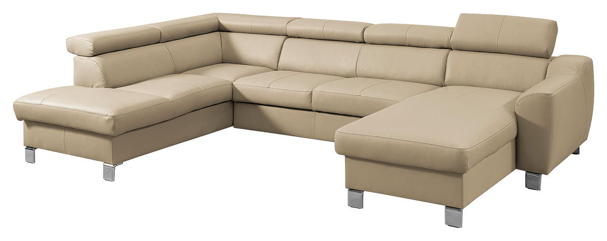 WOHNLANDSCHAFT in Lederlook Echtleder Beige  - Chromfarben/Beige, Design, Leder/Textil (208/315/175cm) - Livetastic