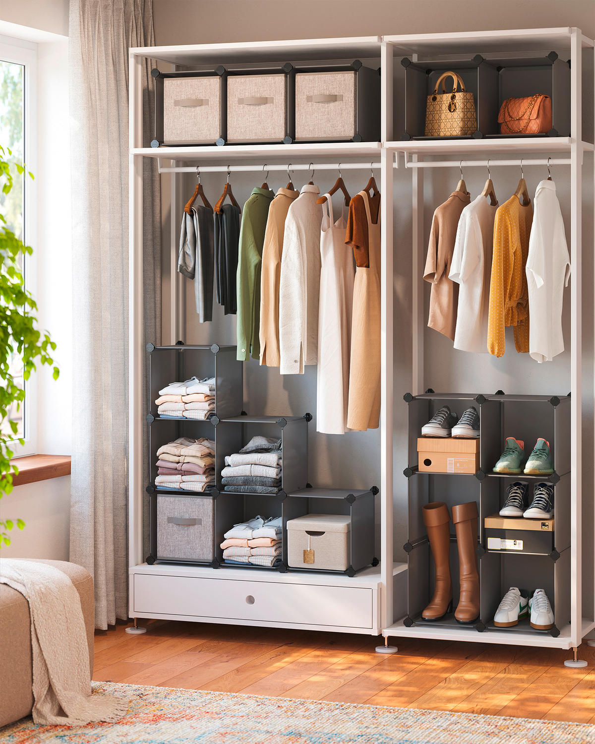 KOMBINÁCIA REGÁLOV, sivá, železo, 153/153/31 cm - čierna/sivá, Basics, kov/plast (153/153/31cm) - Boxxx