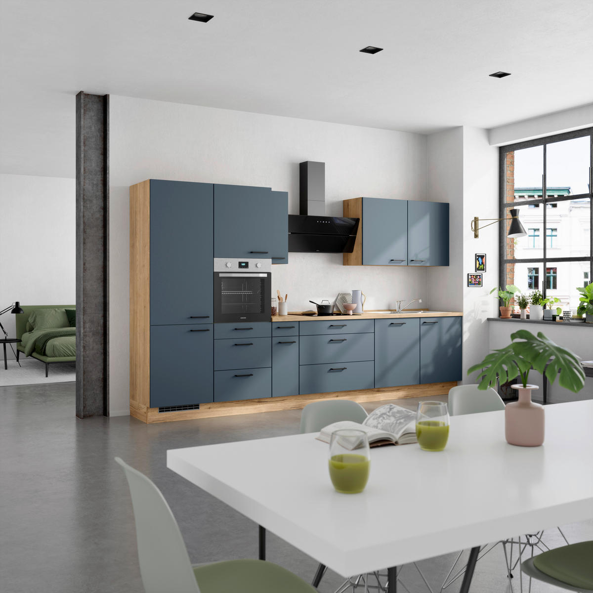 KÜCHENBLOCK Easytouch 360 cm  in Eichefarben, Dunkelblau  - Eichefarben/Schwarz, MODERN, Holzwerkstoff/Metall (360cm) - Nobilia