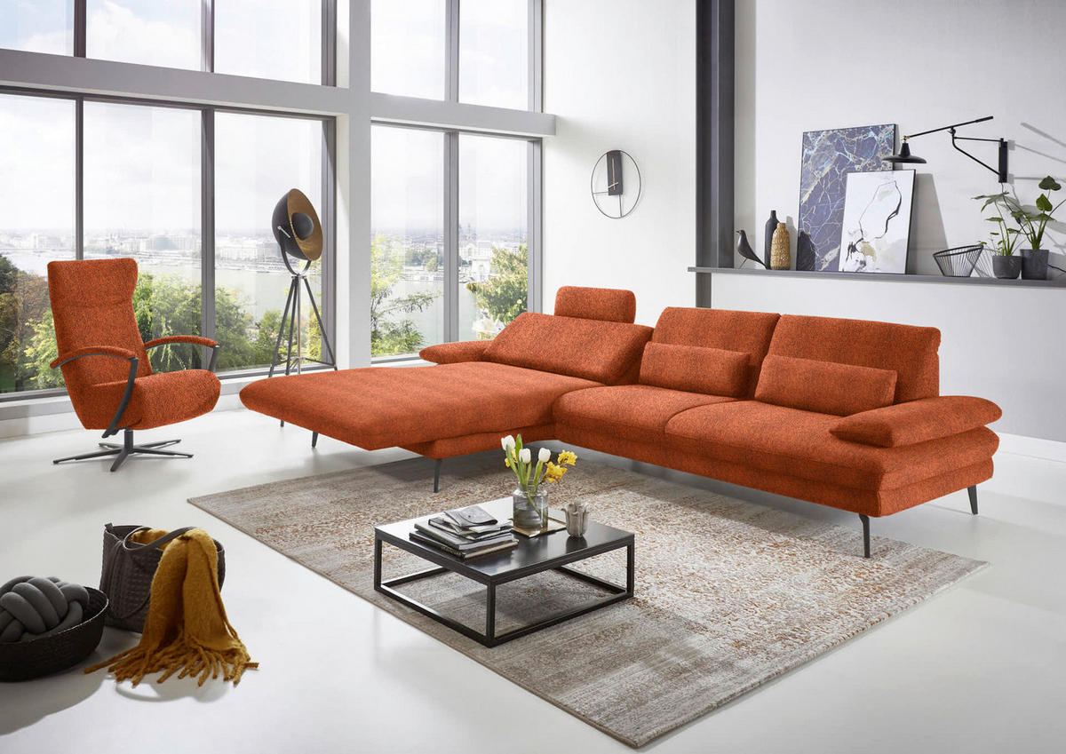 ECKSOFA in Chenille Terracotta  - Terracotta/Schwarz, Design, Textil/Metall (180/310cm) - Dieter Knoll