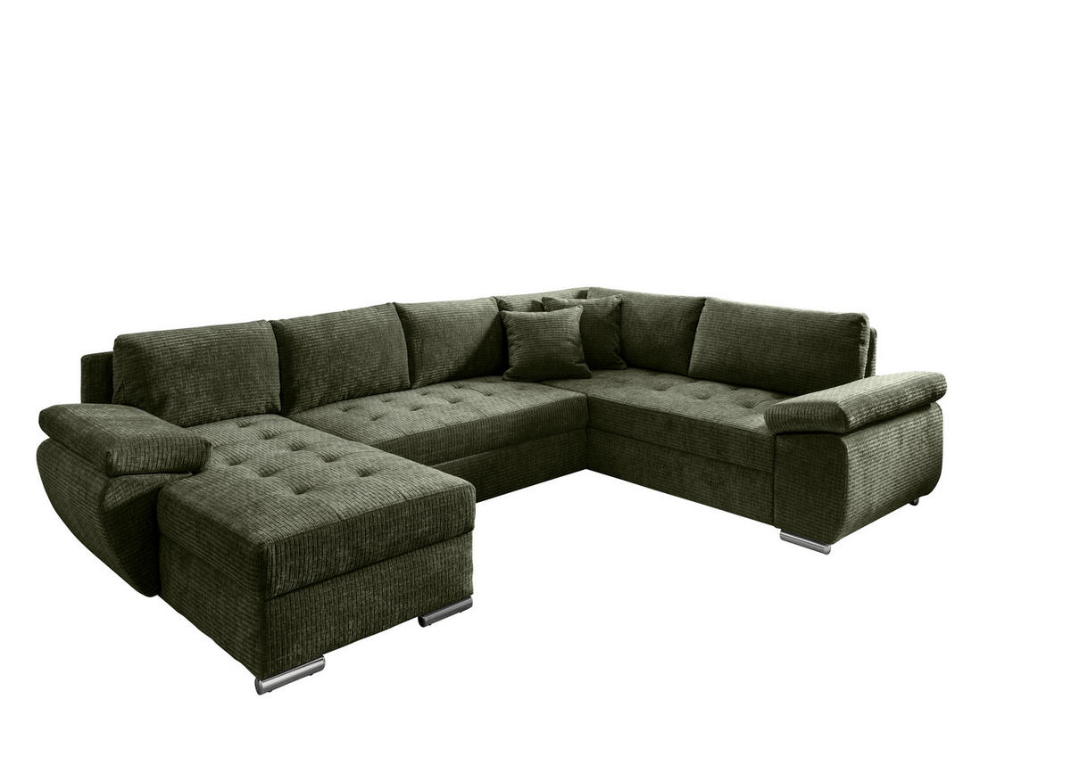 WOHNLANDSCHAFT Olivgrün Mikrofaser  - Chromfarben/Olivgrün, KONVENTIONELL, Textil/Metall (157/305/219cm) - Livetastic