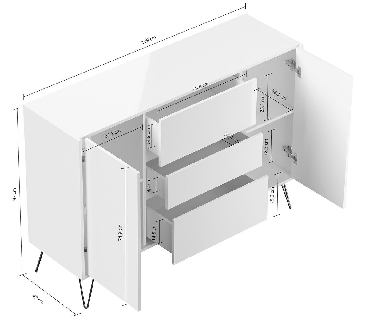 SIDEBOARD Posseik Industrial 140/93,6/42 cm 3 Schublade(n)  - Eichefarben/Graphitfarben, Design, Holzwerkstoff/Metall (140/93,6/42cm) - P & B