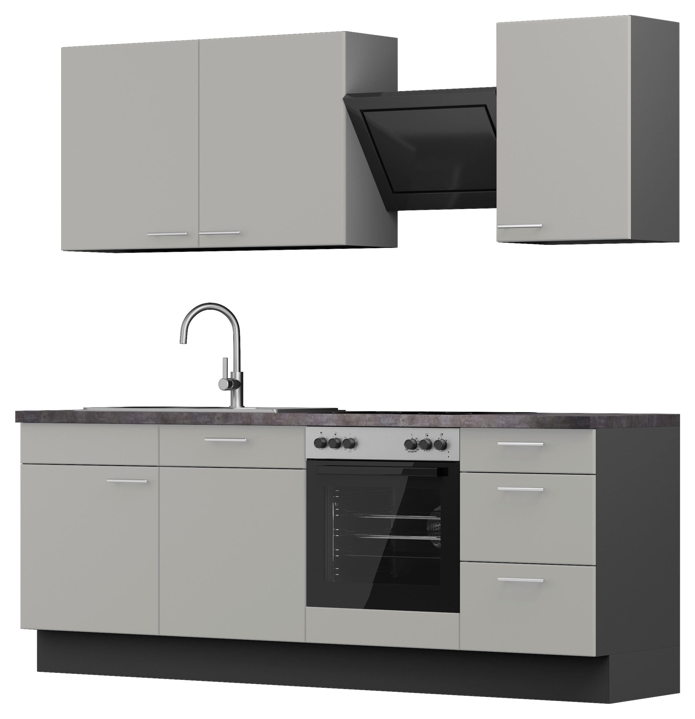 KÜCHENBLOCK 230 cm   in Graphitfarben, Hellgrau  - Edelstahlfarben/Dunkelgrau, MODERN, Holzwerkstoff/Metall (230cm) - Xora