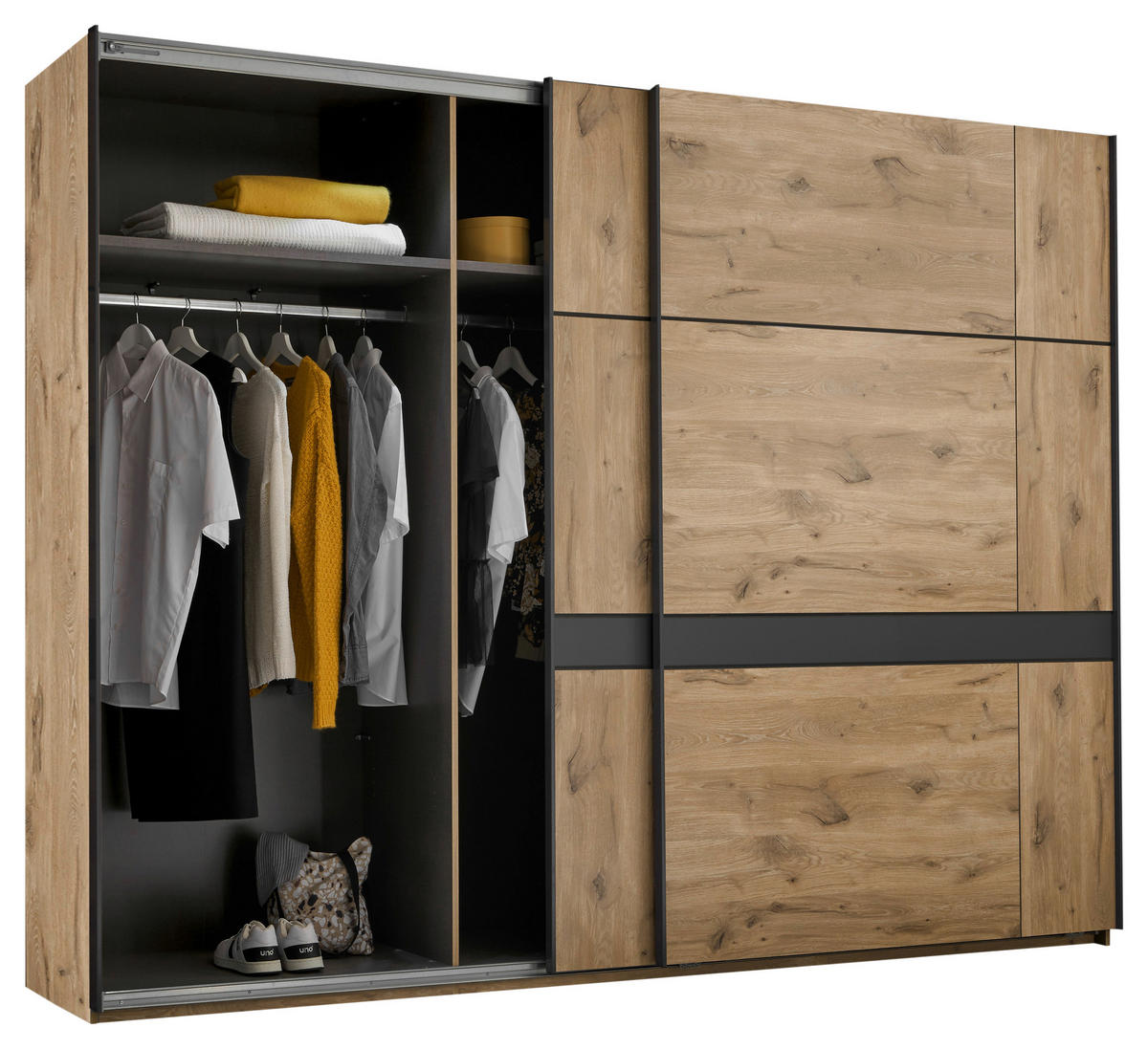 SCHWEBETÜRENSCHRANK in Graphitfarben, Eichefarben  - Eichefarben/Graphitfarben, Konventionell, Holzwerkstoff/Metall (270/210/60cm) - Ti'me