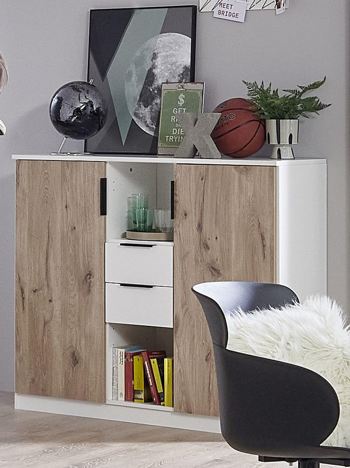 HIGHBOARD  in 122/105/40 cm  - Weiss/Eichefarben, Konventionell, Holzwerkstoff/Metall (122/105/40cm) - Boxxx