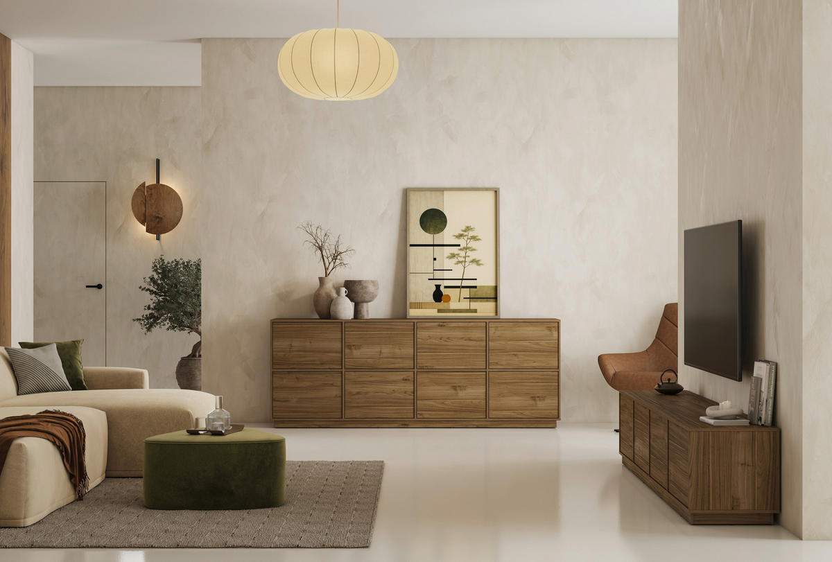 LOWBOARD Japandi  in 220,5/45/41,5 cm  - Nussbaumfarben, Design, Holzwerkstoff (220,5/45/41,5cm) - MID.YOU