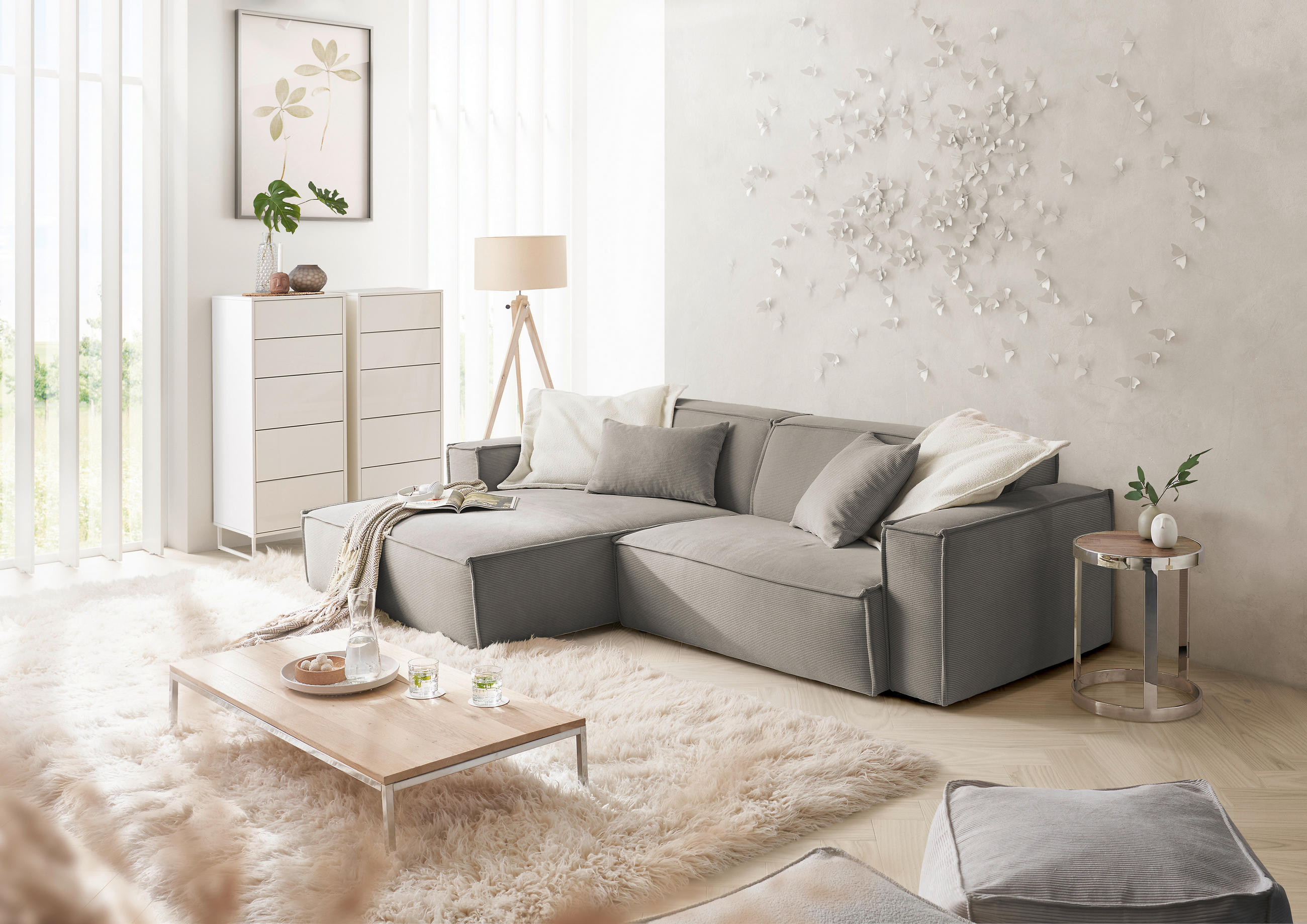 ECKSOFA Grau Feincord - Schwarz/Grau, KONVENTIONELL, Kunststoff/Textil (168/276cm) - Hom`in