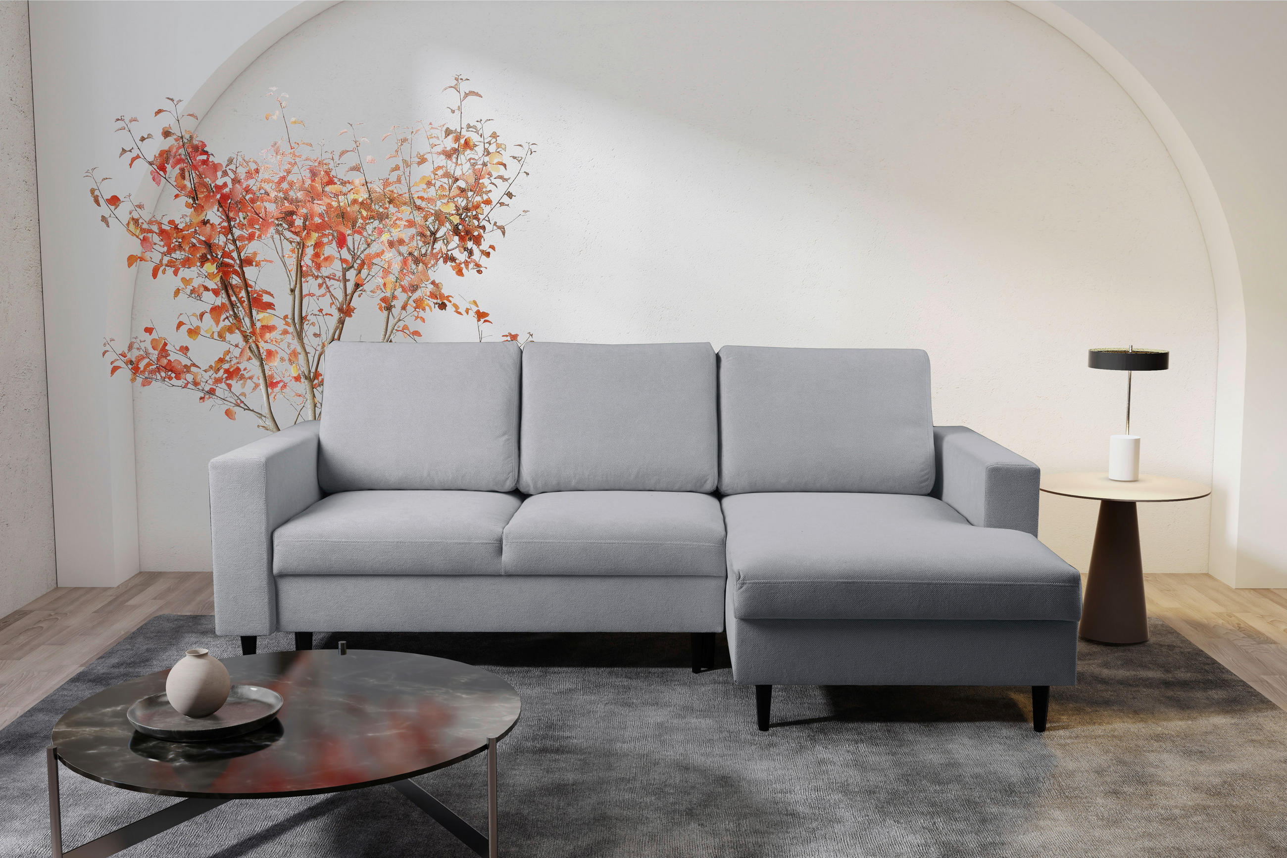 ECKSOFA in Struktur Hellgrau  - Hellgrau/Schwarz, Modern, Holz/Kunststoff (230/145cm) - MID.YOU