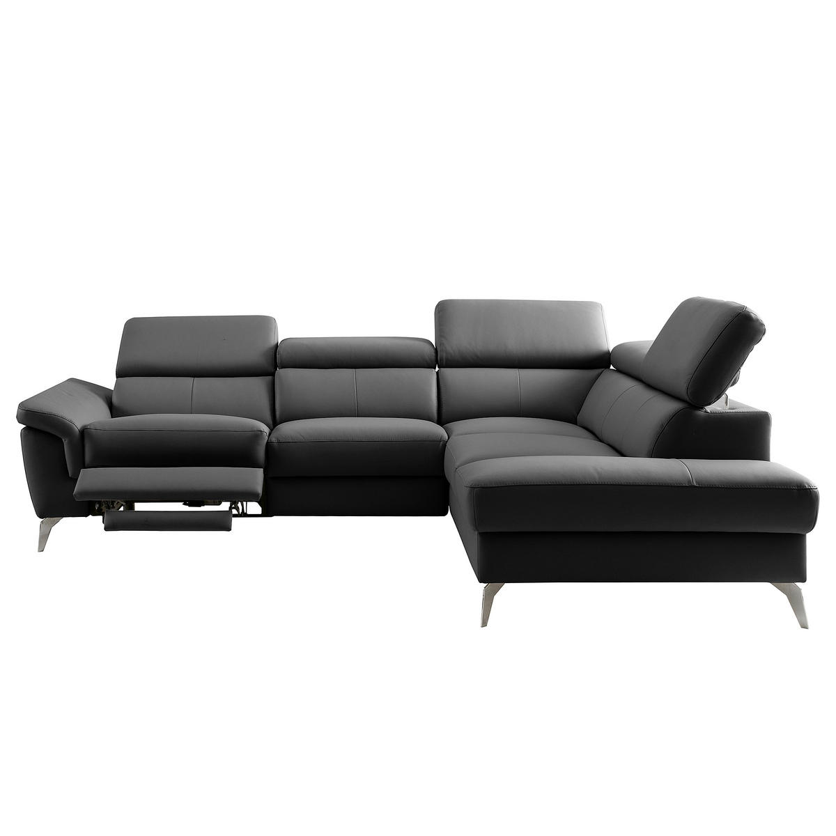 ECKSOFA SONO Schwarz Echtleder Lederlook Bettkasten, Armteilverstellung, Kopfteilverstellung  - Chromfarben/Schwarz, Design, Leder/Textil (265/210cm) - Livetastic