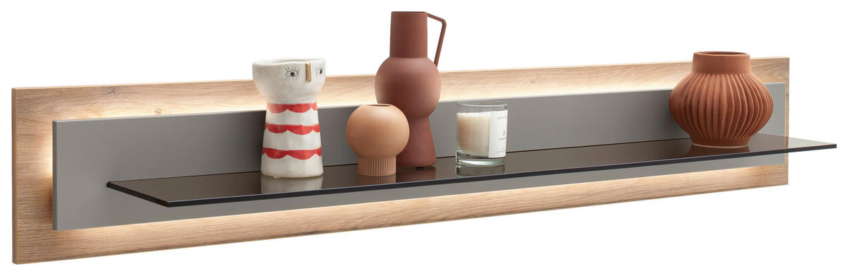 POLICA ZIDNA siva, boje hrasta  staklo, drvni materijal  - siva/boje hrasta, Design, staklo/drvni materijal (150/24/24cm) - Stylife