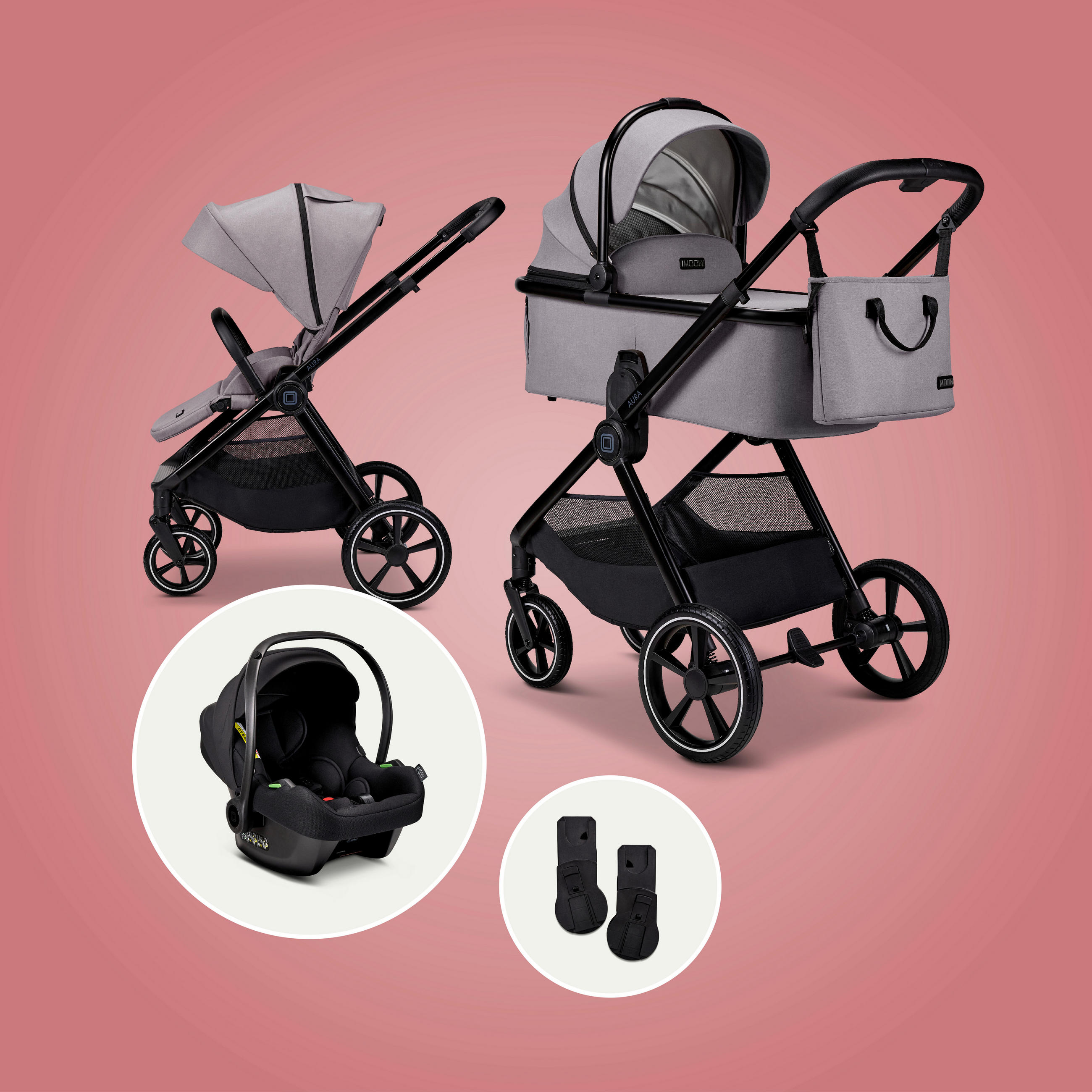 KINDERWAGENSET  Aura Set  Stone Melange  - Hellgrau, Basics (140/61/115cm) - Moon