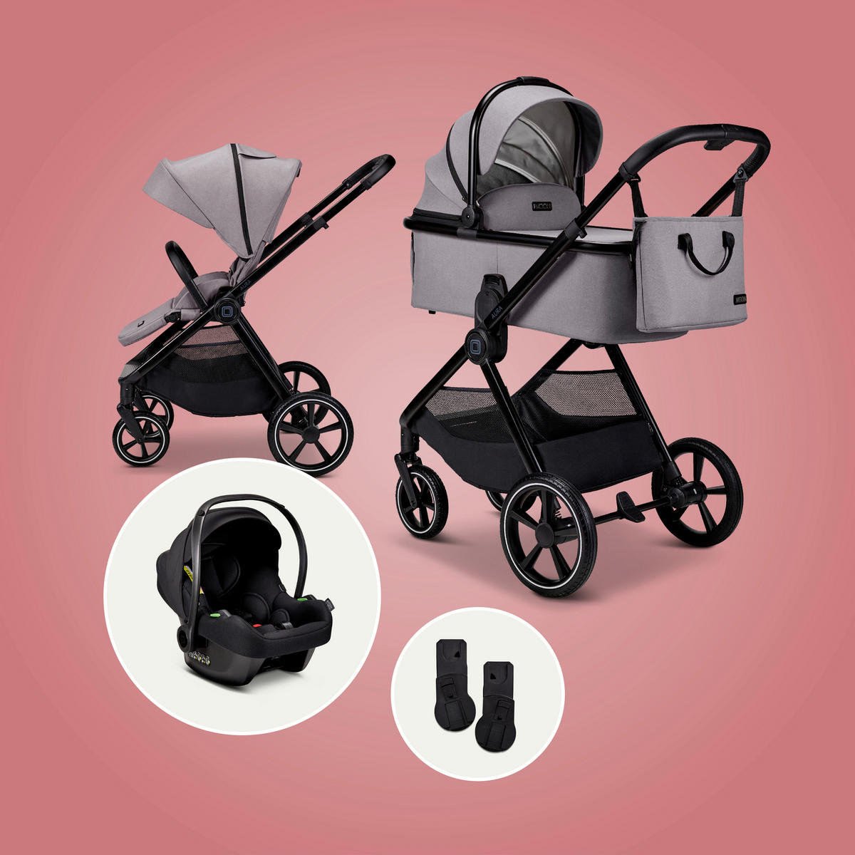 KINDERWAGENSET  Aura Set  Stone Melange  - Hellgrau, Basics (140/61/115cm) - Moon